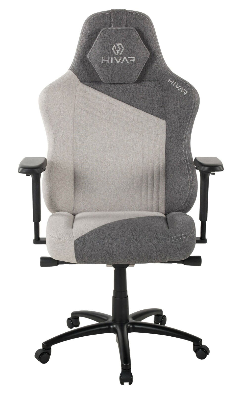 Grauer Gaming-Stuhl mit ergonomischem Design, von vorne gesehen, mit verstellbaren Armlehnen und stabiler Basis.