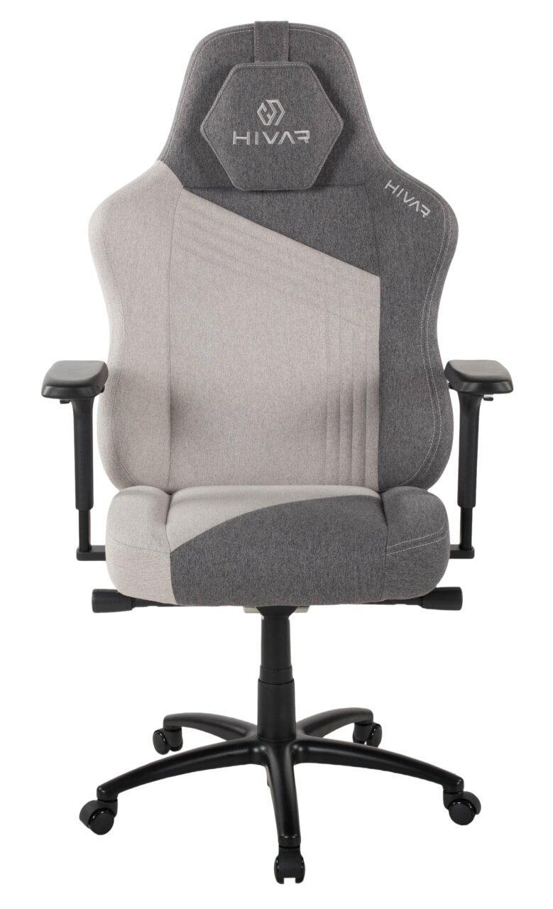 Grauer Gaming-Stuhl mit ergonomischem Design, von vorne gesehen, mit verstellbaren Armlehnen und stabiler Basis.