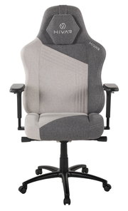 Grauer Gaming-Stuhl mit ergonomischem Design, von vorne gesehen, mit verstellbaren Armlehnen und stabiler Basis.