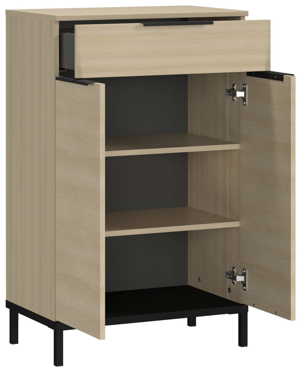 Commode van licht hout met één open lade en twee open deuren, waarachter twee planken te zien zijn, gezien van voren.