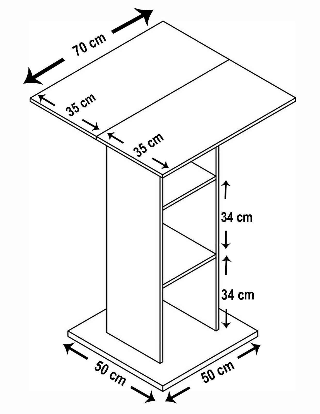 Technische Zeichnung eines kleinen Beistelltischs mit Ablagefächern, Maße: Tischplatte 70 cm (geteilt in 2×35 cm), Standfuß 50×50 cm, Fachhöhen je 34 cm Perspektive: isometrische Schrägansicht von oben.