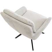 Armlehnstuhl ALMA in hellgrauem, geripptem Stoff, seitliche Perspektive von oben