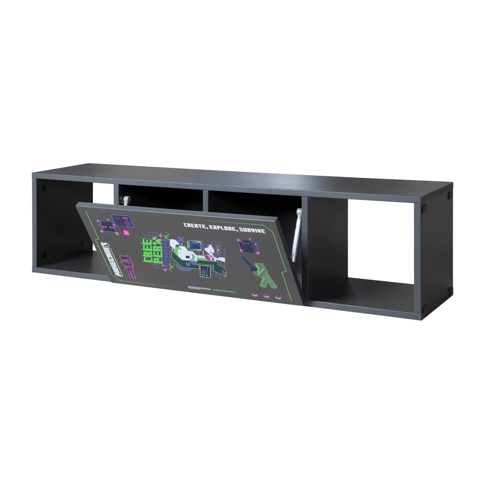 Schwarzes Sitzbank-Regal mit Vitrine, Frontansicht, mit grafischem Design auf der Klappe.