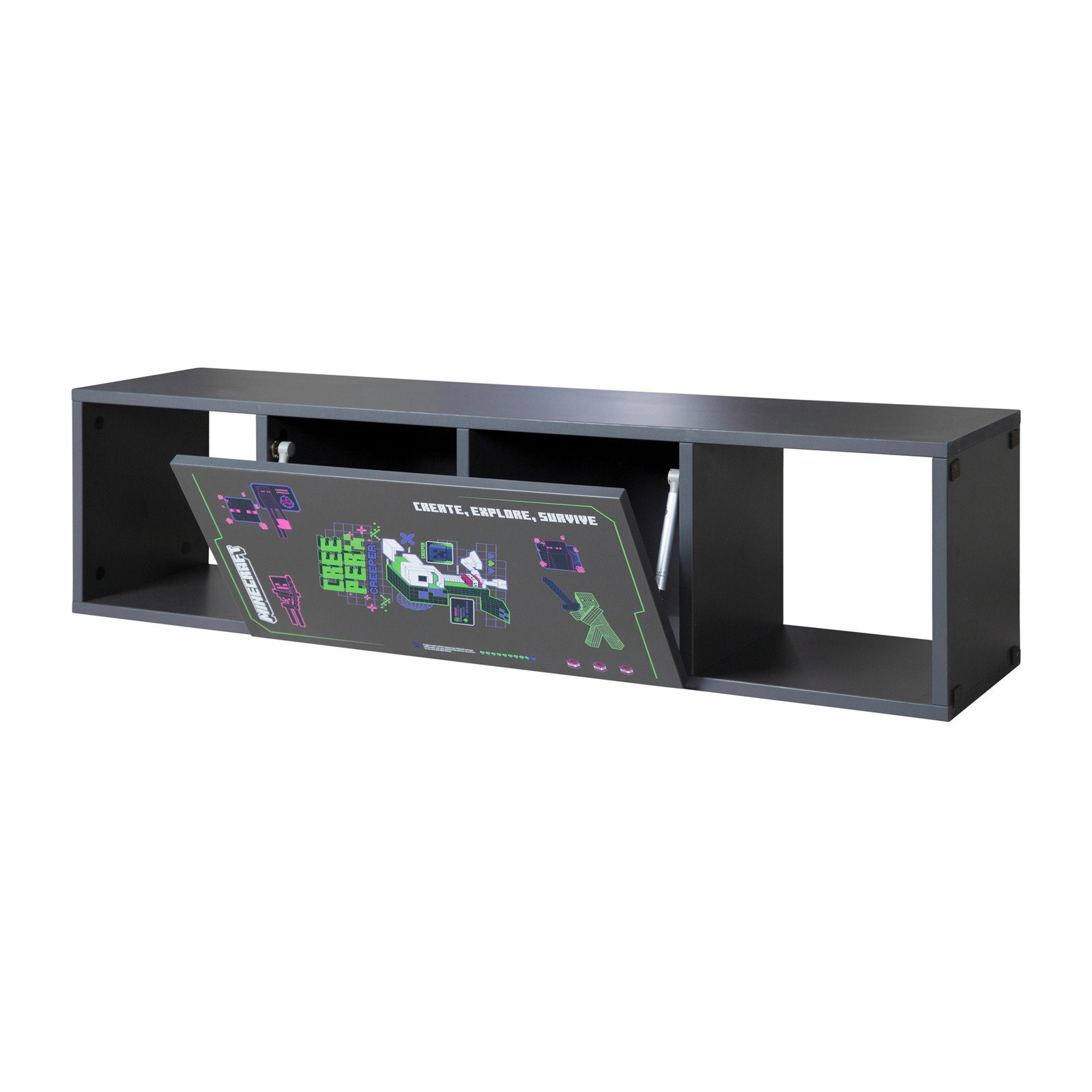 Schwarzes Sitzbank-Regal mit Vitrine, Frontansicht, mit grafischem Design auf der Klappe.