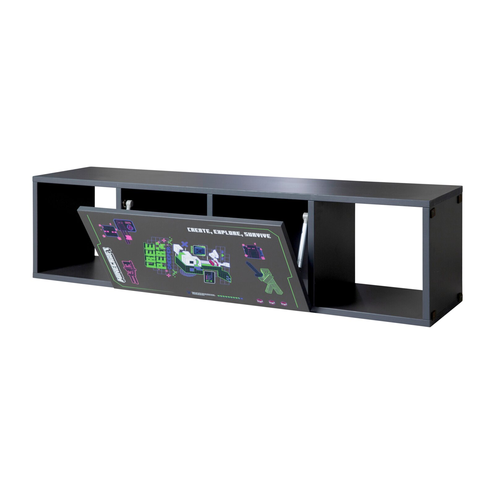 Schwarzes Sitzbank-Regal mit Vitrine, Frontansicht, mit grafischem Design auf der Klappe.
