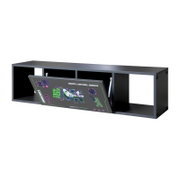 Schwarzes Sitzbank-Regal mit Vitrine, Frontansicht, mit grafischem Design auf der Klappe.