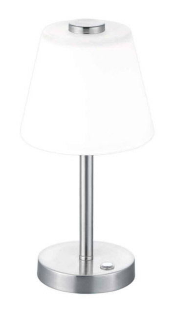 LED-Tischleuchte EMERALD in seitlicher Ansicht mit weißem Lampenschirm und silbernem Standfuß.