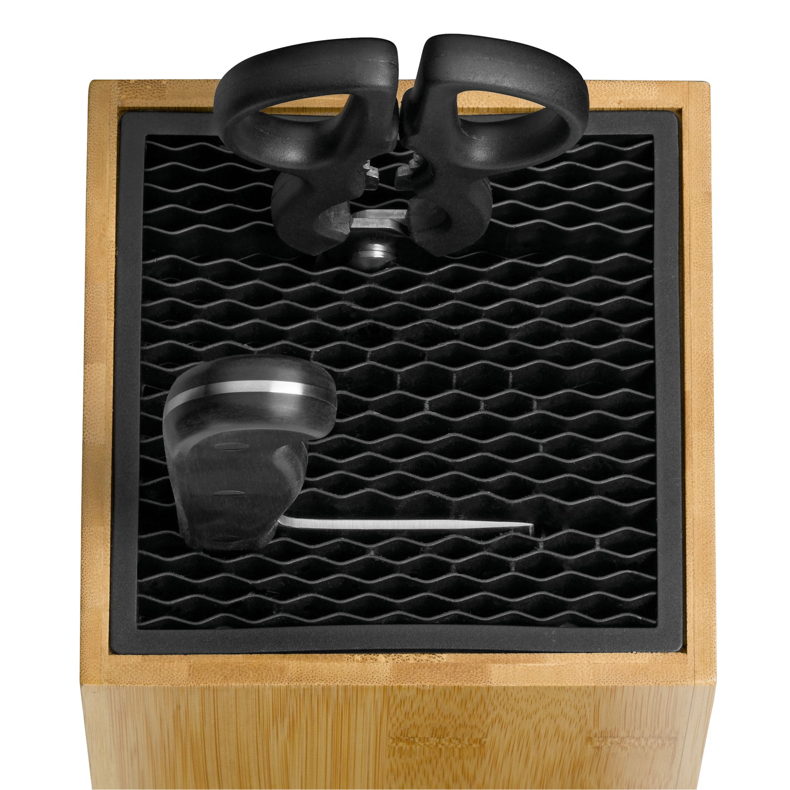 Messerblock SPITZENKLASSE aus Holz mit schwarzem Einsatz, von oben gesehen, mit einer Schere und einem Messergriff sichtbar.