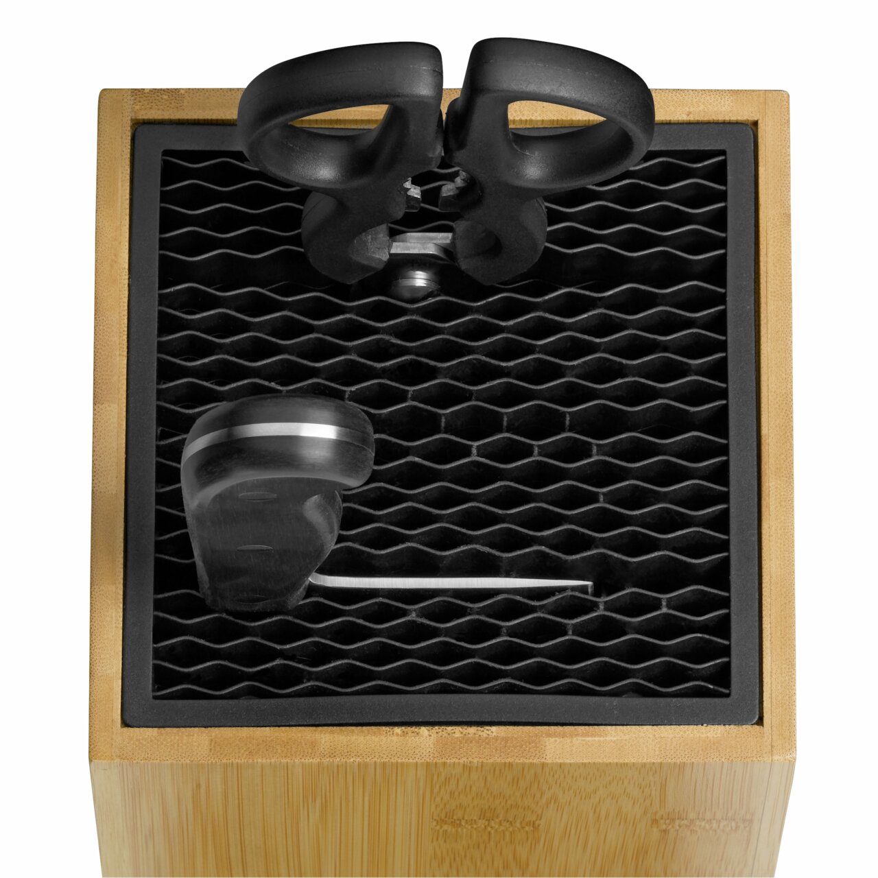 Messerblock SPITZENKLASSE aus Holz mit schwarzem Einsatz, von oben gesehen, mit einer Schere und einem Messergriff sichtbar.