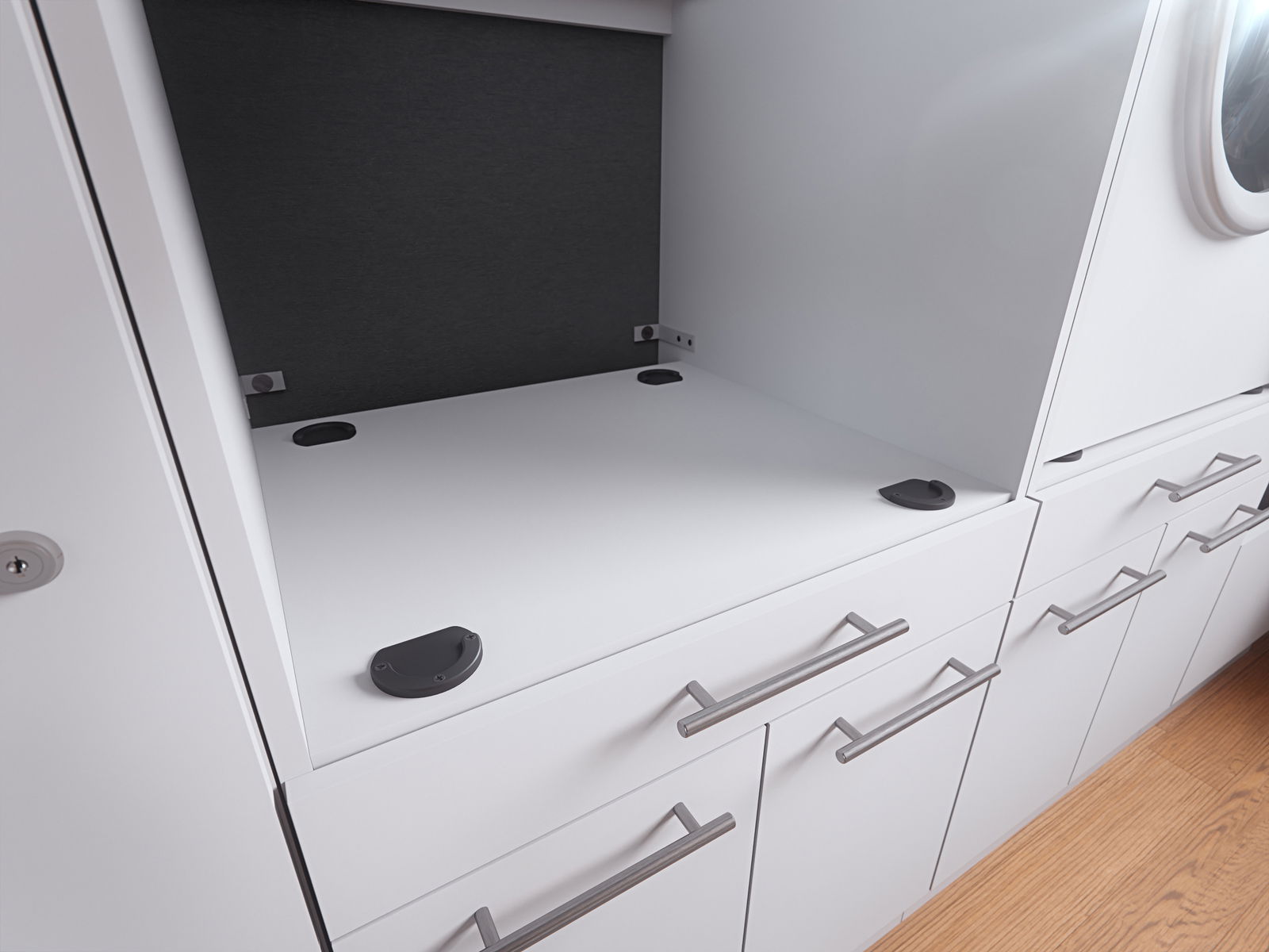 XORA Geräteschrank mit Absturzsicherung PRIMUS Moderner weißer Geräteschrank mit mehreren Schubladen und Griffen, seitliche Perspektive.