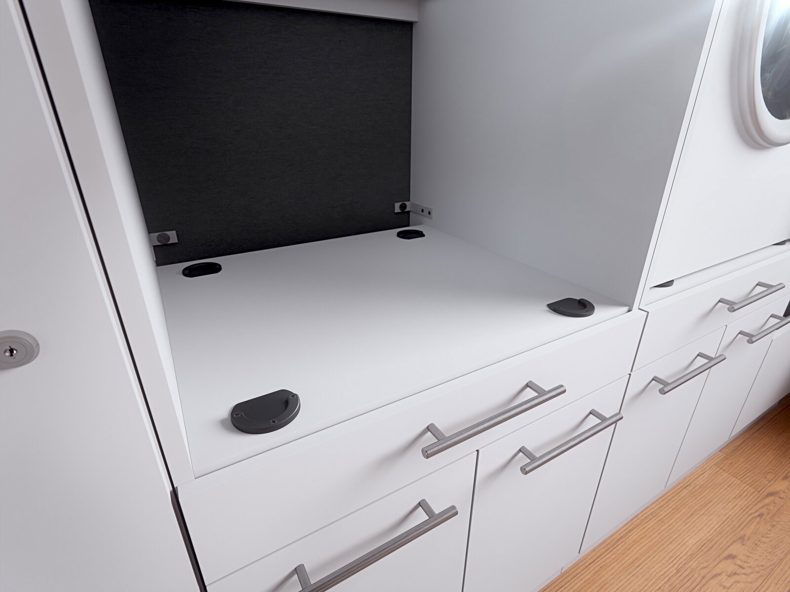 XORA Geräteschrank mit Absturzsicherung PRIMUS Moderner weißer Geräteschrank mit mehreren Schubladen und Griffen, seitliche Perspektive.