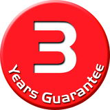 Rotes rundes Emblem mit der Aufschrift '3 Years Guarantee' in weißer Schrift, Draufsicht