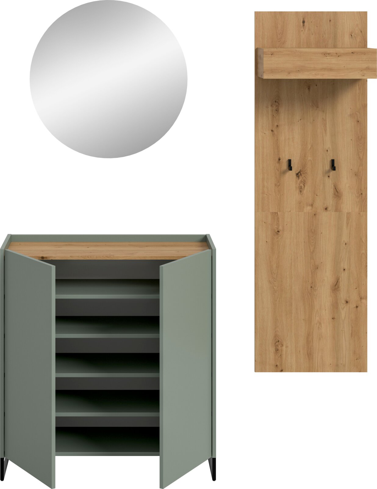 Modernes Badmöbel-Set in Salbeigrün und Eichenholzoptik mit rundem Spiegel, Wandpaneel mit Ablage und Haken sowie Unterschrank mit geöffneten Türen und Regalböden, Frontalansicht