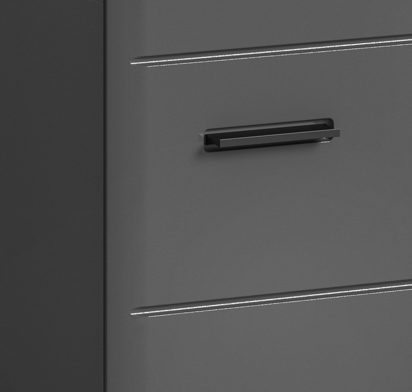 Nahaufnahme eines grauen Schranks mit schwarzem Griff, seitliche Perspektive