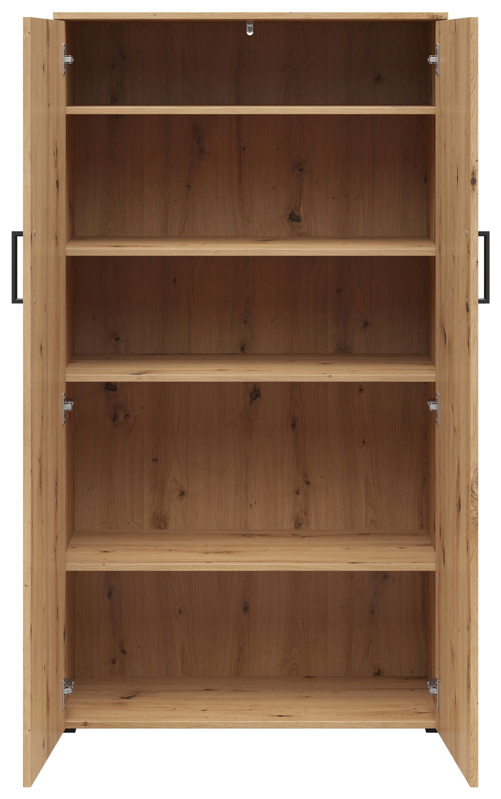 Frontansicht eines offenen Mehrzweckschranks aus Holz mit mehreren Regalböden.