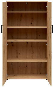 Frontansicht eines offenen Mehrzweckschranks aus Holz mit mehreren Regalböden.