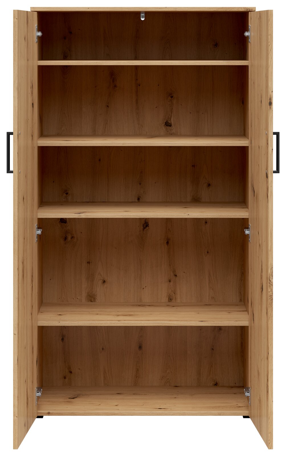 Frontansicht eines offenen Mehrzweckschranks aus Holz mit mehreren Regalböden.