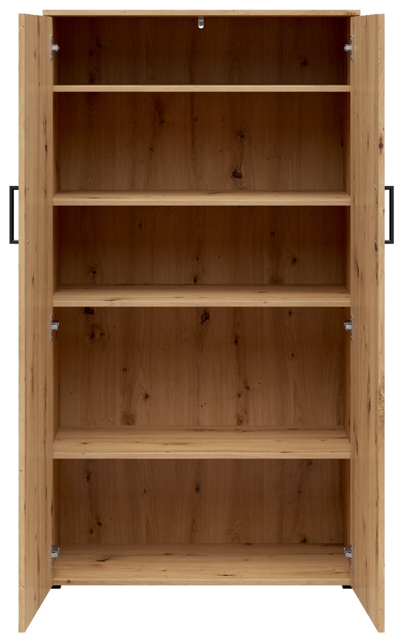 Frontansicht eines offenen Mehrzweckschranks aus Holz mit mehreren Regalböden.