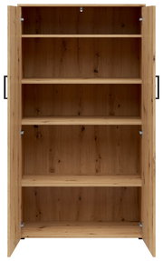 Frontansicht eines offenen Mehrzweckschranks aus Holz mit mehreren Regalböden.