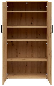 Frontansicht eines offenen Mehrzweckschranks aus Holz mit mehreren Regalböden.