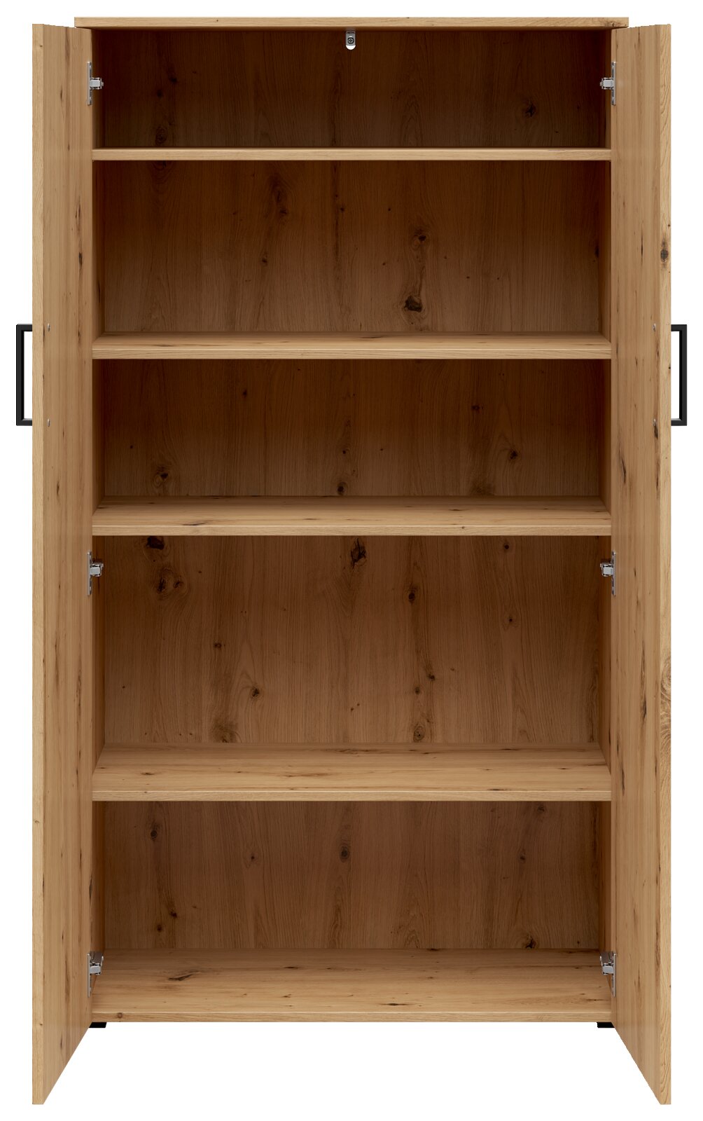 Frontansicht eines offenen Mehrzweckschranks aus Holz mit mehreren Regalböden.