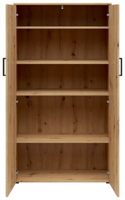 Frontansicht eines offenen Mehrzweckschranks aus Holz mit mehreren Regalböden.