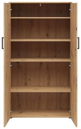Frontansicht eines offenen Mehrzweckschranks aus Holz mit mehreren Regalböden.