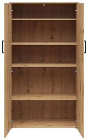 Frontansicht eines offenen Mehrzweckschranks aus Holz mit mehreren Regalböden.