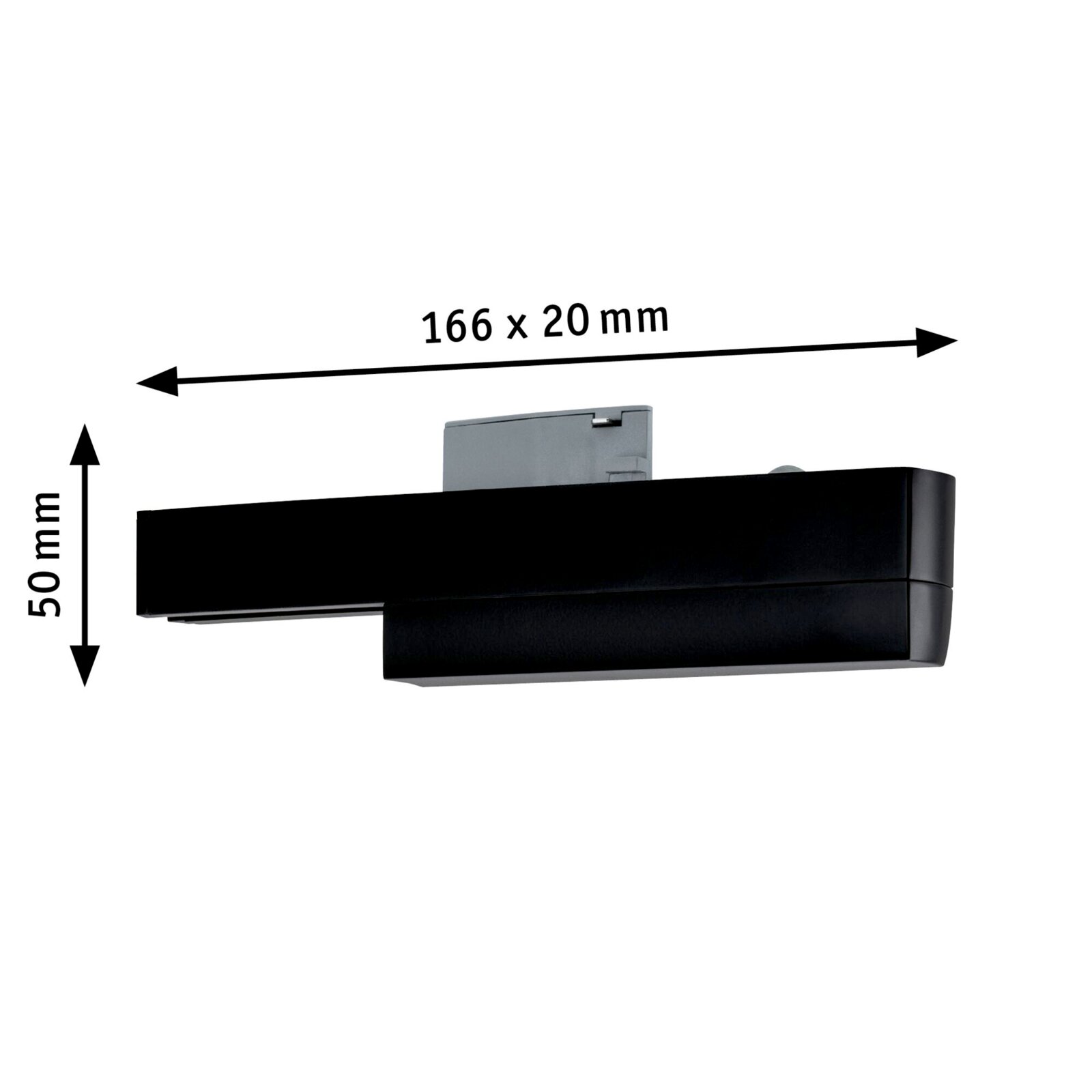 Seitliche Ansicht eines schwarzen SingleAdapters Zigbee mit den Maßen 166 x 20 x 50 mm.