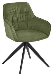 Grüner Armlehnstuhl mit schwarzem Metallgestell, seitliche Perspektive