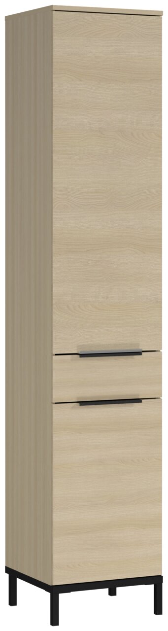 Hochschrank aus hellem Holz mit zwei Schubladen und schwarzen Griffen, seitliche Perspektive