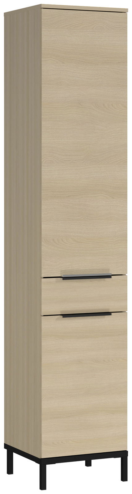 Hochschrank aus hellem Holz mit zwei Schubladen und schwarzen Griffen, seitliche Perspektive