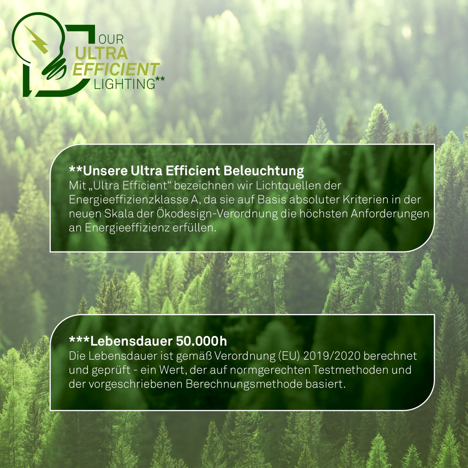 Frontaal aanzicht van een groene infographic over ultra-efficiënte verlichting met energie-efficiëntieklasse A en een geteste levensduur van 50.000 uur.