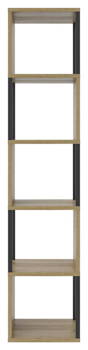 Schmales Regal XORA ARTLINE mit fünf Ebenen, Holzoptik mit schwarzen Seitenteilen, Frontalansicht