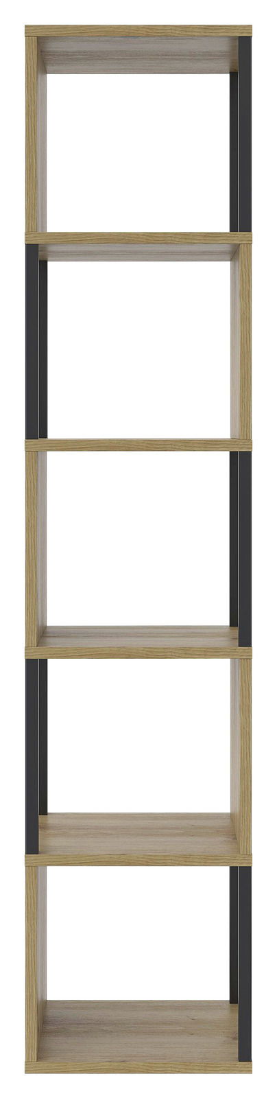 Schmales Regal XORA ARTLINE mit fünf Ebenen, Holzoptik mit schwarzen Seitenteilen, Frontalansicht