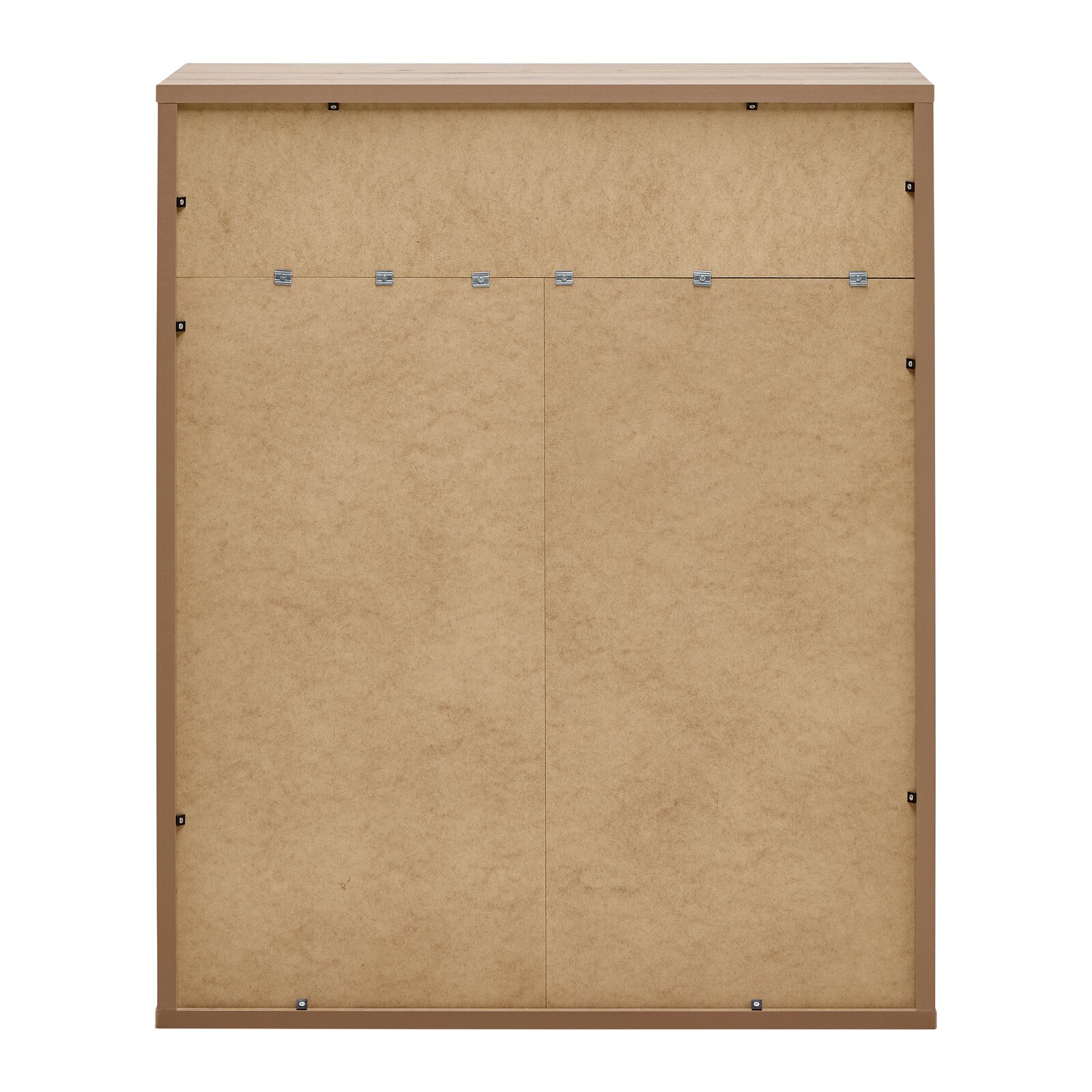 Rückansicht einer Kommode mit einfacher Holzrückwand und Befestigungselementen