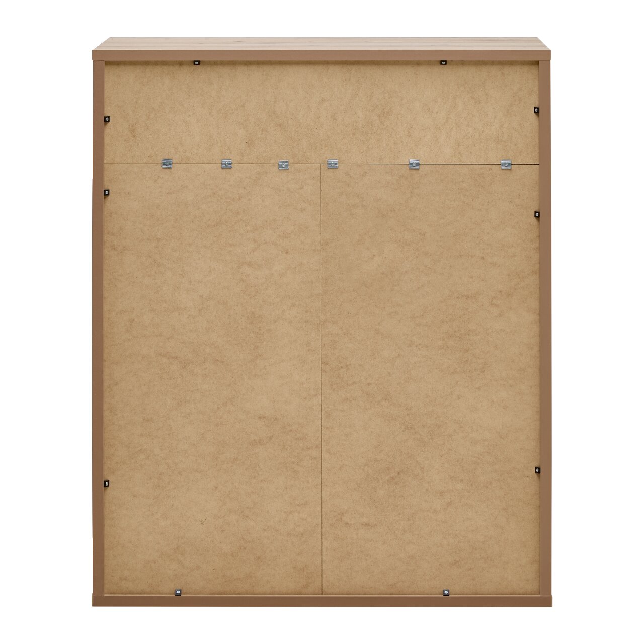 Rückansicht einer Kommode mit einfacher Holzrückwand und Befestigungselementen