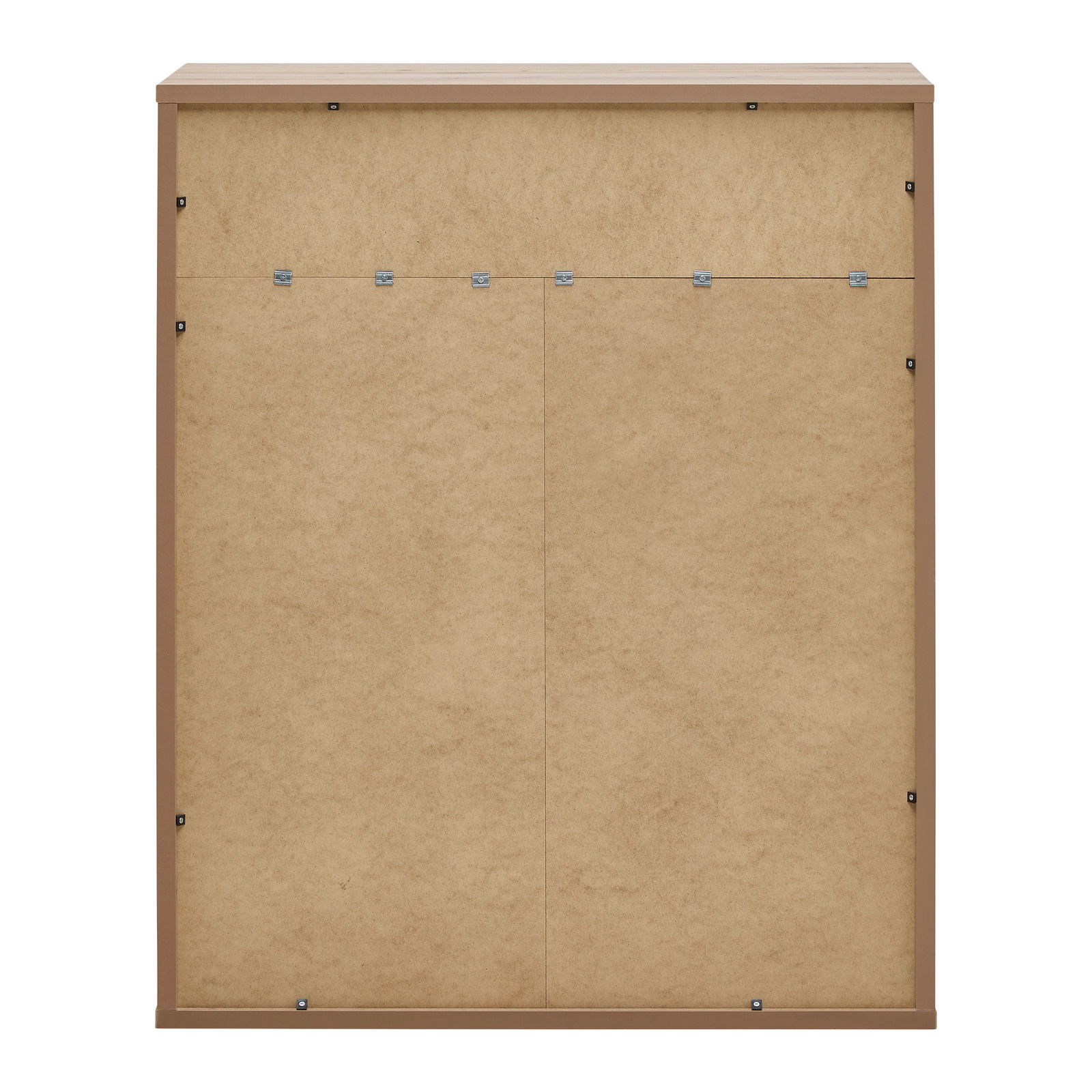 Rückansicht einer Kommode mit einfacher Holzrückwand und Befestigungselementen