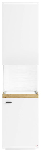 Vitrine in weiß mit Holzdetails, Frontansicht