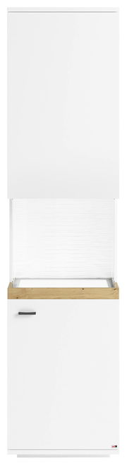 Vitrine in weiß mit Holzdetails, Frontansicht