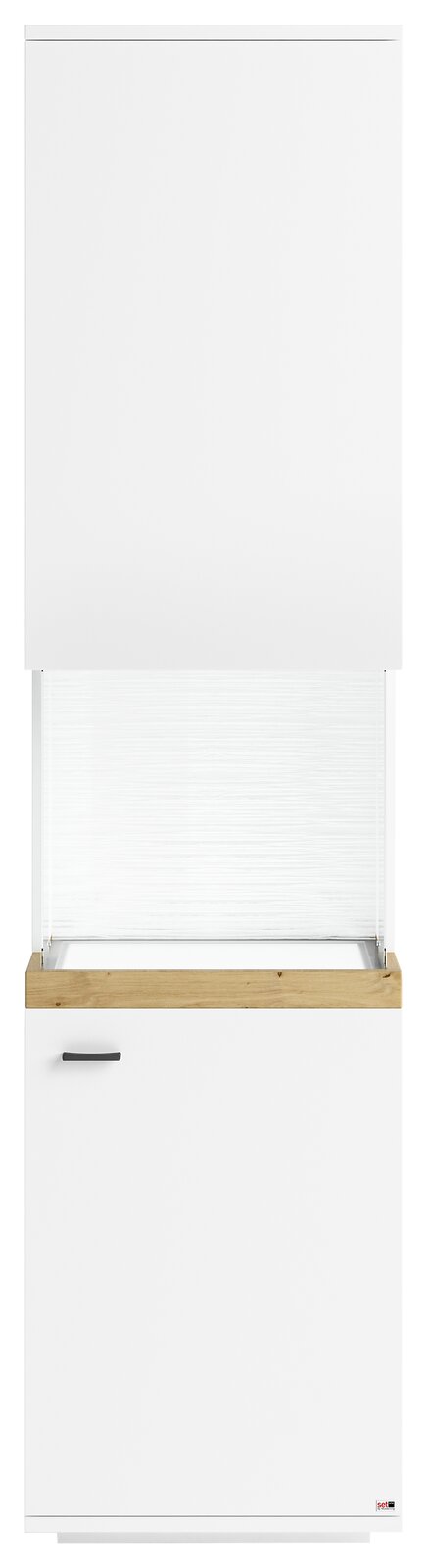 Vitrine in weiß mit Holzdetails, Frontansicht