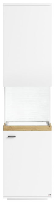 Vitrine in weiß mit Holzdetails, Frontansicht