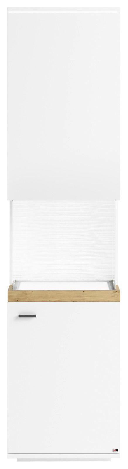 Vitrine in weiß mit Holzdetails, Frontansicht