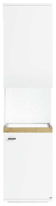 Vitrine in weiß mit Holzdetails, Frontansicht