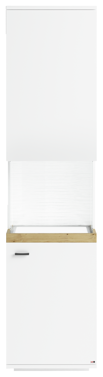 Vitrine in weiß mit Holzdetails, Frontansicht