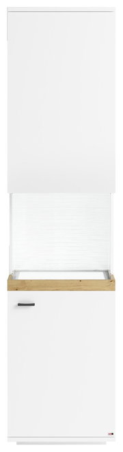 Vitrine in weiß mit Holzdetails, Frontansicht