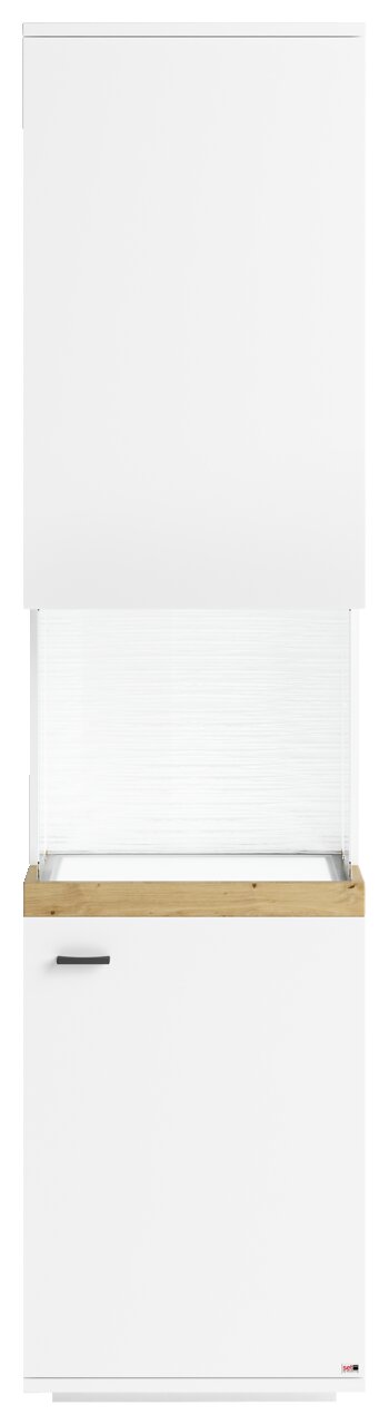 Vitrine in weiß mit Holzdetails, Frontansicht