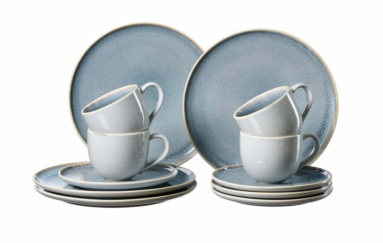 Koffieservies Stone Skagen, 12-delig, bestaande uit blauwe borden en kopjes, zijaanzicht