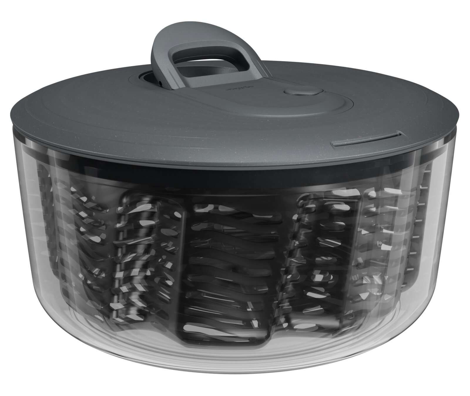 Zyliss Sla-slingermachine L EASY SPIN Transparante slacentrifuge met donkergrijs deksel en handgreep, productfoto in licht schuin bovenaanzicht
