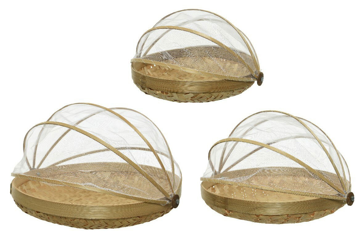 Runde Abdeckhaube aus Bambus und Netzgewebe, von oben und seitlich betrachtet, ideal zum Schutz von Lebensmitteln.